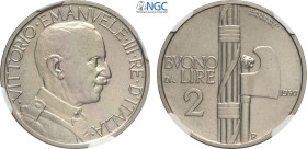 Regno d'Italia, Vittorio Emanuele III (1900-1943), 2 Lire 1930, tiratura: 50, RRR Ni 29 mm, 10 g, in Slab NGC MS65 (only 1 coin is graded higher)
