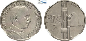 Regno d'Italia, Vittorio Emanuele III (1900-1943), 2 Lire 1932, tiratura: 50, RRR Ni 29 mm, 10 g, in Slab NGC MS65 (only 1 coin is graded higher)