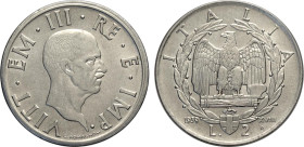 Regno d'Italia, Vittorio Emanuele III (1900-1943), 2 Lire 1939-XVIII magnetico, bordo largo e contorno liscio, RRRR 30 mm, 10,02 g, questa varietà, ca...