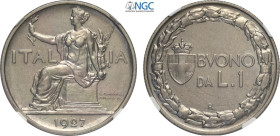 Regno d'Italia, Vittorio Emanuele III (1900-1943), Lira 1927, Tiratura: 100, RRR Ni 26,5 mm, 8 g, in Slab NGC MS65 (only 1 coin is graded higher)