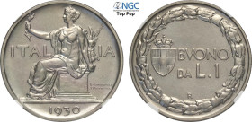 Regno d'Italia, Vittorio Emanuele III (1900-1943), Lira 1930, Tiratura: 50, RRR Ni 26,5 mm, 8 g, in Slab NGC MS65 Top Pop (cert. 8358289006)