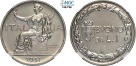 Regno d'Italia, Vittorio Emanuele III (1900-1943), Lira 1931, Tiratura: 50, RRR Ni 26,5 mm, 8 g, in Slab NGC MS66 Top Pop (cert. 8358289007)
