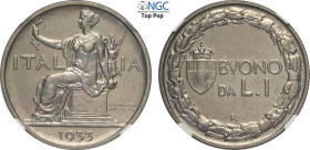 Regno d'Italia, Vittorio Emanuele III (1900-1943), Lira 1933, Tiratura: 50, RRR Ni 26,5 mm, 8 g, in Slab NGC MS64 Top Pop (cert. 8358289009)