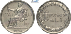 Regno d'Italia, Vittorio Emanuele III (1900-1943), Lira 1934, Tiratura: 50, RRR Ni 26,5 mm, 8 g, in Slab NGC MS64 (only 1 coin is graded higher)