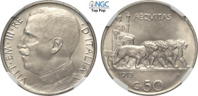 Regno d'Italia, Vittorio Emanuele III (1900-1943), 50 Centesimi 1919 contorno liscio, Ni 23,8 mm, 6 g, in Slab NGC MS65 Top Pop (cert. 3706974003)