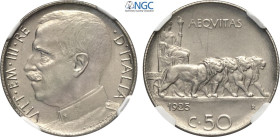 Regno d'Italia, Vittorio Emanuele III (1900-1943), 50 Centesimi 1925 contorno rigato, Ni 23,8 mm, 6 g, in Slab NGC MS63