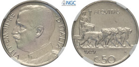 Regno d'Italia, Vittorio Emanuele III (1900-1943), 50 Centesimi 1929, Tiratura: 50, RRR Ni 23,8 mm, 6 g, in Slab NGC MS65 (only 1 coin is graded highe...