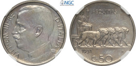 Regno d'Italia, Vittorio Emanuele III (1900-1943), 50 Centesimi 1931, Tiratura: 50, RRR Ni 23,8 mm, 6 g, in Slab NGC MS66 (only 1 coin is graded highe...