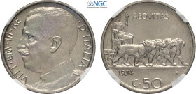Regno d'Italia, Vittorio Emanuele III (1900-1943), 50 Centesimi 1934, Tiratura: 50, RRR Ni 23,8 mm, 6 g, in Slab NGC MS65 (only 1 coin is graded highe...