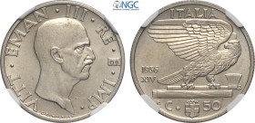 Regno d'Italia, Vittorio Emanuele III (1900-1943), 50 Centesimi 1936, Rara Ni 24 mm, 6 g, in Slab NGC MS65