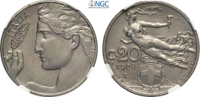 Regno d'Italia, Vittorio Emanuele III (1900-1943), 20 Centesimi 1928, Tiratura: 50, RRR Ni 21,5 mm, 4 g, in Slab NGC MS65 (only 1 coin is graded highe...
