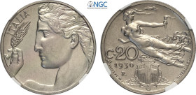Regno d'Italia, Vittorio Emanuele III (1900-1943), 20 Centesimi 1930, Tiratura: 50, RRR Ni 21,5 mm, 4 g, in Slab NGC MS65