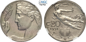Regno d'Italia, Vittorio Emanuele III (1900-1943), 20 Centesimi 1931, Tiratura: 50, RRR Ni 21,5 mm, 4 g, in Slab NGC MS65 Top Pop (cert. 8358290012)