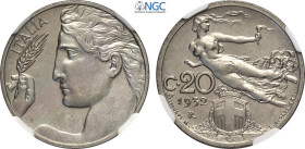 Regno d'Italia, Vittorio Emanuele III (1900-1943), 20 Centesimi 1932, Tiratura: 50, RRR Ni 21,5 mm, 4 g, in Slab NGC MS64