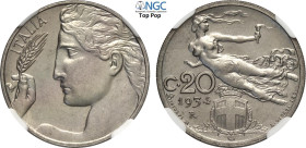 Regno d'Italia, Vittorio Emanuele III (1900-1943), 20 Centesimi 1934, Tiratura: 50, RRR Ni 21,5 mm, 4 g, in Slab NGC MS65 Top Pop (cert. 8358290007)