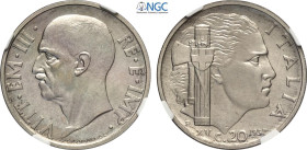 Regno d'Italia, Vittorio Emanuele III (1900-1943), 20 Centesimi 1937, Tiratura: 50, RRR Ni 21,5 mm, 4 g, in Slab NGC MS65