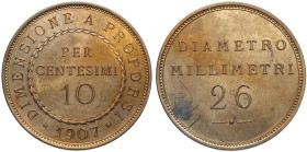 Regno d'Italia, Vittorio Emanuele III (1900-1943), 10 Centesimi 1907 progetto in rame, Rara Pag-322, Cu 26 mm, 6,06 g, con cartellino accompagnatorio ...