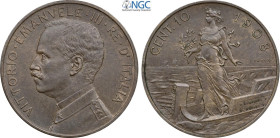 Regno d'Italia, Vittorio Emanuele III (1900-1943), 10 Centesimi 1908 Prova, Pag-323 RRR Cu 30 mm, 10 g, in Slab NGC MS62 BN