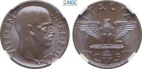 Regno d'Italia, Vittorio Emanuele III (1900-1943), 5 Centesimi 1936, Cu 19,5 mm, 3,25 g, in Slab NGC MS66 BN (only 1 coin is graded higher)