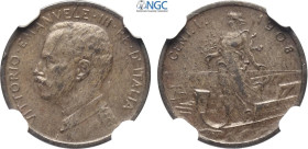 Regno d'Italia, Vittorio Emanuele III (1900-1943), Centesimo 1908 Italia su Prora, Rara Cu 15 mm, 1 g, in Slab NGC AU55 BN