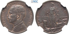 Regno d'Italia, Vittorio Emanuele III (1900-1943), Centesimo 1908 Italia su Prora, Rara Cu 15 mm, 1 g, in Slab NGC MS63 BN