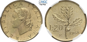 Repubblica Italiana, Monetazione in Lire (1946-2001), 20 Lire 1968 Prova, tiratura: 999, RR Ba 21,3 mm, 3,6 g, in Slab NGC MS65 Top Pop (cert. 8358580...