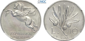 Repubblica Italiana, Monetazione in Lire (1946-2001), 10 Lire 1946, Rara It 29 mm, 3 g, in Slab NGC MS64