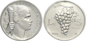 Repubblica Italiana, Monetazione in Lire (1946-2001), 5 Lire 1946 Prova, RRR It 26,7 mm, 2,5 g, periziata SPL+ da A. Bazzoni