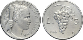 Repubblica Italiana, Monetazione in Lire (1946-2001), 5 Lire 1947, RR It 26,7 mm, 2,5 g, leggermente pulita altrimenti SPL