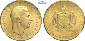 Albania, Ahmet Bey Zogu (1925-1939), 100 Franga Ari 1937-R, Roma, Au 35 mm, 32,25 g, in Slab NGC MS63 (il grado attribuito da NGC appare troppo severo...