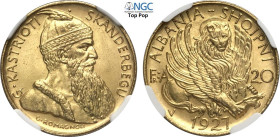 Albania, Ahmet Bey Zogu (1925-1939), 20 Franga Ari 1927-V Skanderbeg, Vienna, Au 21 mm, 6,45 g, di eccezionale qualità, in Slab NGC MS67 Top Pop (cert...