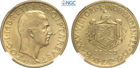 Albania, Ahmet Bey Zogu (1925-1939), 20 Franga Ari 1937-R, Roma, Au 21 mm, 6,45 g, in Slab NGC MS65 (only 1 coin is graded higher)