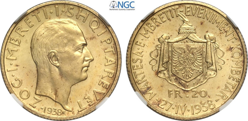 Albania, Ahmet Bey Zogu (1925-1939), 20 Franga Ari 1938-R Royal Wedding, Roma, A...