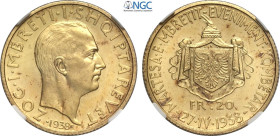 Albania, Ahmet Bey Zogu (1925-1939), 20 Franga Ari 1938-R Royal Wedding, Roma, Au 21 mm, 6,45 g, in Slab NGC MS64+