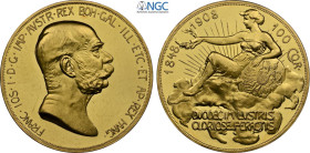 Austria, Franz Joseph I (1848-1916), 100 Corona 1908, Kremnitz, Au 37 mm, 33,87 g, di eccelsa qualità, in Slab NGC PF63 Cameo