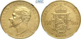 Bulgaria, Ferdinand I (1887-1918), 100 Leva 1894-KB, Kremnitz, Au 35 mm, 32,26 g, in Slab NGC AU58