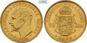 Bulgaria, Ferdinand I (1887-1918), 20 Leva 1894-KB, Kremnitz, Au 21,5 mm, 6,45 g, Rare in mint state, in Slab NGC MS61