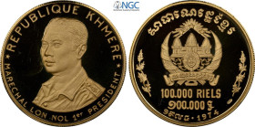 Cambodia, Khmer Republic (1970-1975), Proof 100000 Riels 1974, mintage: 100, KM-66, Au 30 mm, 13,42 g, in Slab NGC PF68 Ultra Cameo