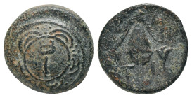 KINGS of MACEDON. Alexander III The Great. (336-323 BC). AE. Sardes Obv: Macedonian shield with caduceus in central boss Rev: B A, Macedonian helmet; ...