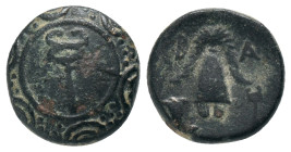 KINGS of MACEDON. Alexander III The Great. (336-323 BC). AE. Sardes Obv: Macedonian shield with caduceus in central boss Rev: Macedonian helmet; in lo...