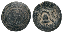 KINGS of MACEDON. Alexander III The Great. (336-323 BC). AE. Sardes Obv: Macedonian shield with caduceus in central boss Rev: Macedonian helmet; in lo...