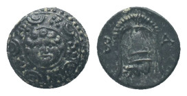 KINGS OF MACEDON. Anonymous issue. (323-302 BC). AE Obv: Macedonian shield, with kerykeion on boss. Rev: B - A. Crested helmet; kerykeion to left Liam...
