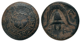 KINGS OF MACEDON. Alexander III 'the Great', (336-323 BC). AE. struck posthumously under Philip III Arrhidaios, Miletos
Obv: Macedonian shield with a...