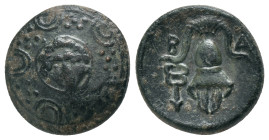 KINGS OF MACEDON. Alexander III 'the Great', (336-323 BC). AE.
Obv: Macedonian shield with a facing Gorgoneion at the center.
Rev: B - A Crested Mac...