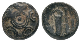 KINGS OF MACEDON. Alexander III the Great, 336-323 BC or later. AE. uncertain mint in western Asia Minor. Obv: Macedonian shield. Rev: K; Bow in quive...