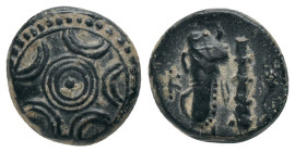 KINGS OF MACEDON. Alexander III the Great, 336-323 BC or later. AE. uncertain mint in western Asia Minor. Obv: Macedonian shield. Rev: K; Bow in quive...