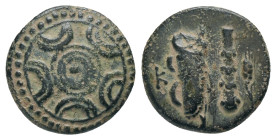 KINGS OF MACEDON. Alexander III the Great, 336-323 BC or later. AE. uncertain mint in western Asia Minor. Macedonian shield. Rev: K; Bow in quiver, cl...