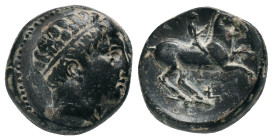 KINGS OF MACEDON. Philip II. (359-336 BC). AE Uncertain mint in Macedon. Obv: Head of Apollo wearing taenia right Rev: ΦΙΛΙΠΠΟΥ. Philip on horseback p...