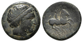 KINGS OF MACEDON. Philip II. (359-336 BC). AE Uncertain mint in Macedon. Obv: Head of Apollo wearing taenia right Rev: ΦΙΛΙΠΠΟΥ. Philip on horseback p...