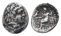 KINGS of MACEDON. Alexander III The Great. (336-323 BC). AR. Obol Obv:Head of Herakles r. wearing lionskin headdress. Rev: AΛEΞANΔPoY Zeus enthroned l...